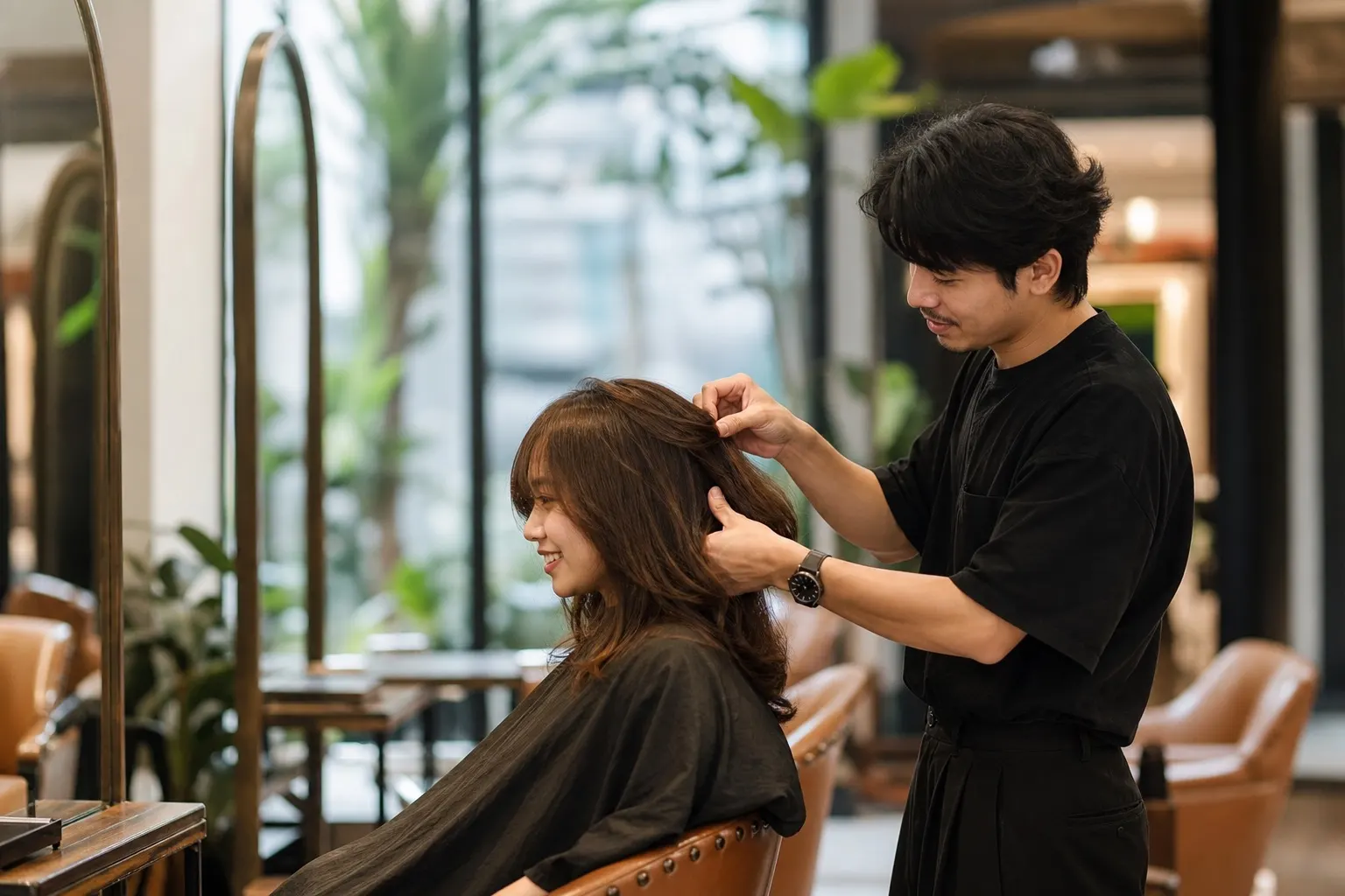 Stylist cutting a client's hair in a Malaysian salon